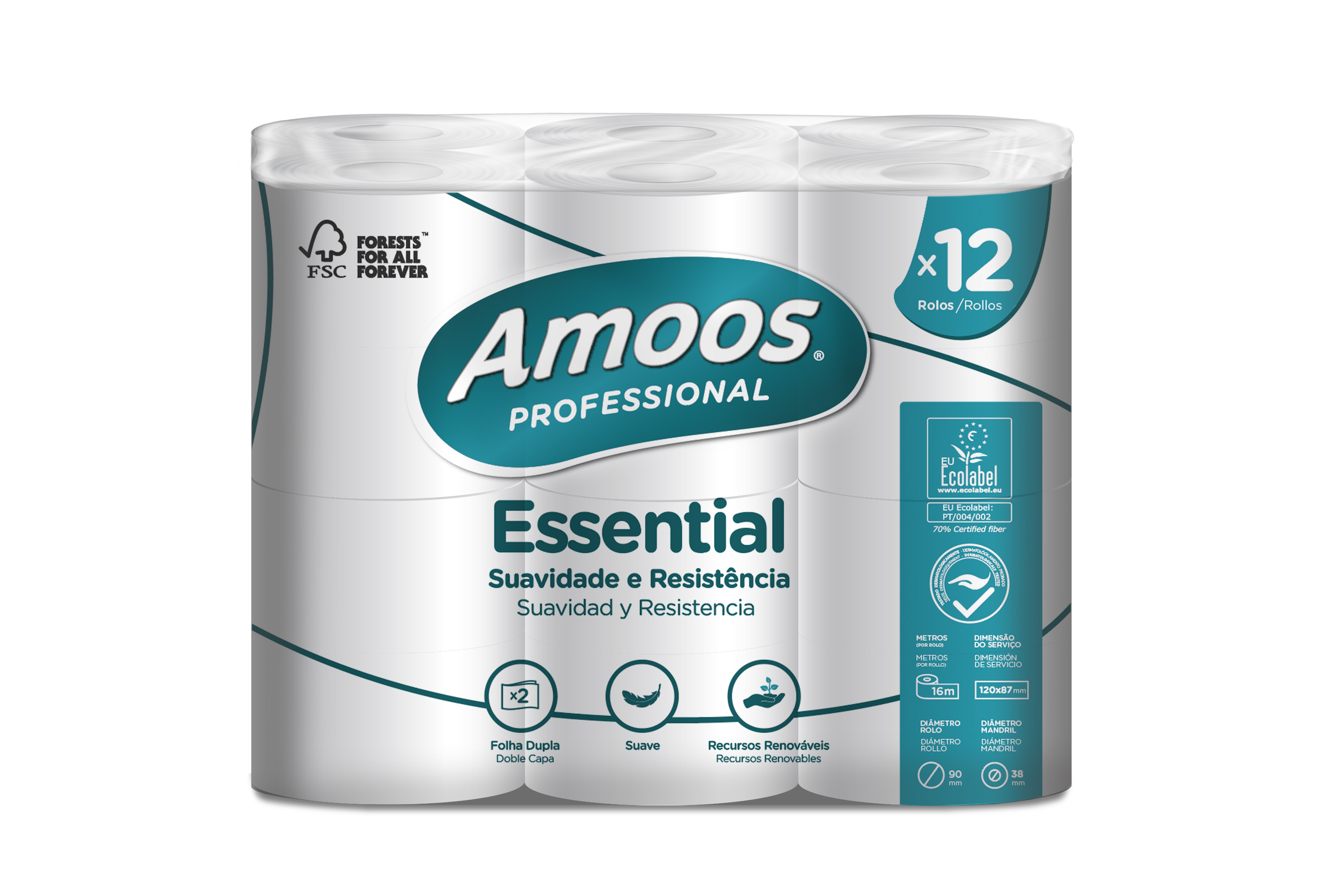 Tualetes papīrs Amoos Essential, T4, 2 slāņi, balta, 12 ruļļi/iepak