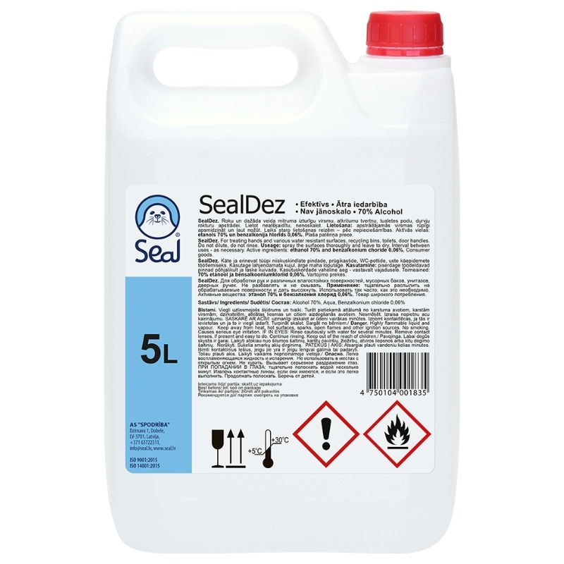 Dezinfekcijas līdzeklis rokām un mitruma izturīgām virsmām SealDez, 5L